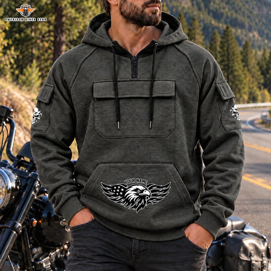 Tactical Eagle Personalized Men's Half Zip Hoodie with Arm Pockets Front LV06