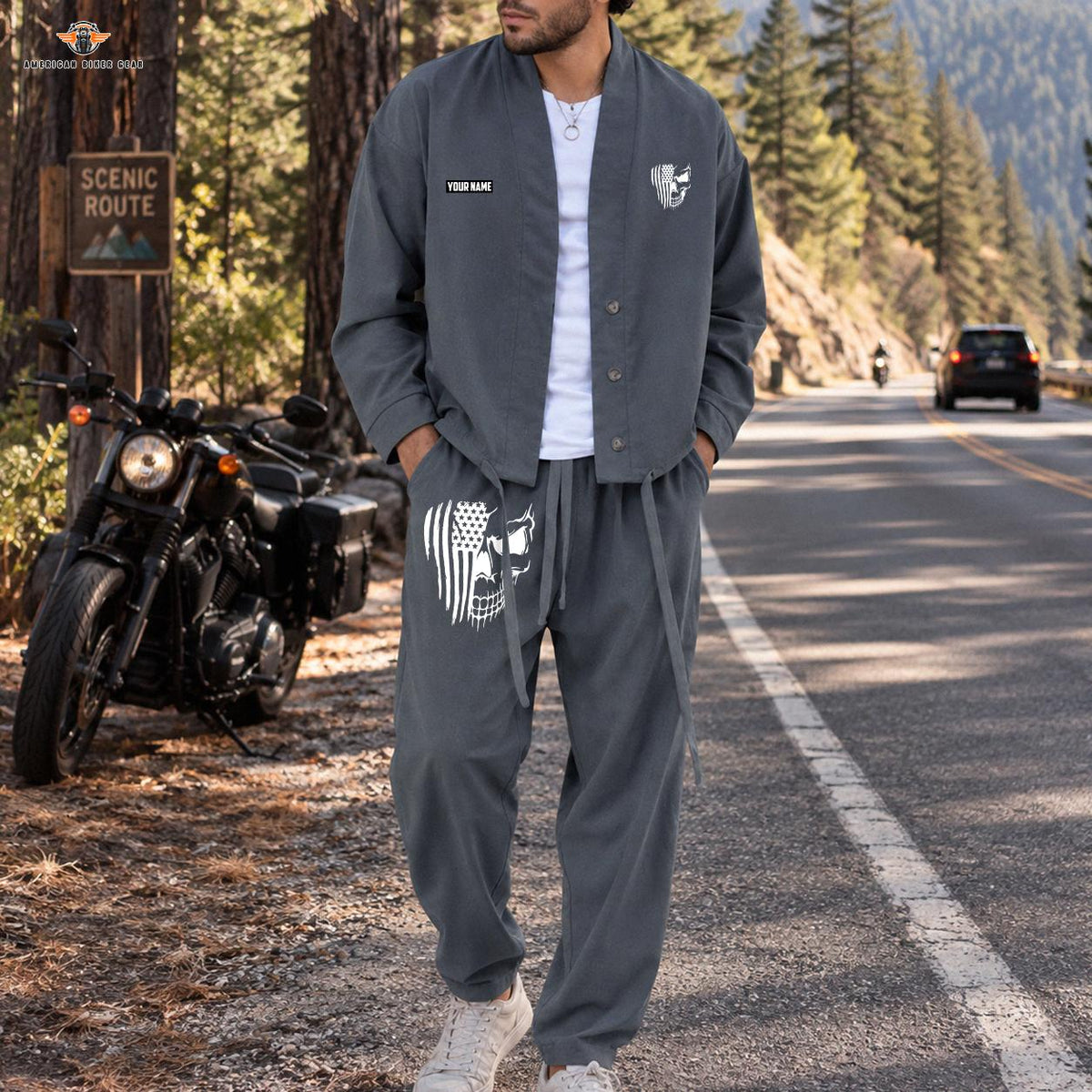 American Flag Skull Biker Personalized Combo Men's Cardigan Jacketsand Solid Jogger LV04