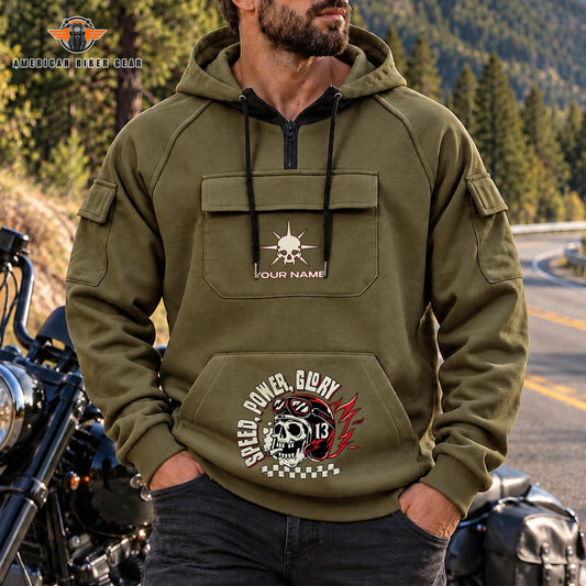 Speed Power Glory Skull Personalized Men's Half Zip Hoodie with Arm Pockets Front TN01