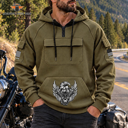 Eagle Engine & American Flag Personalized Men's Half Zip Hoodie with Arm Pockets Front TN02