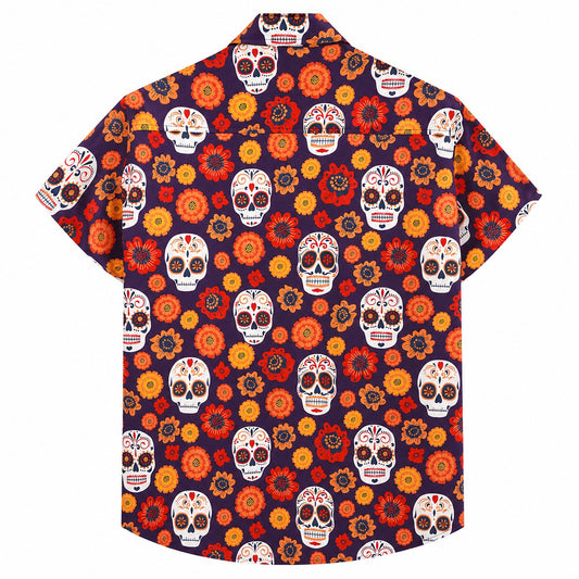 Sugar Skull Floral Hawaiian Shirt With Pockets TT01