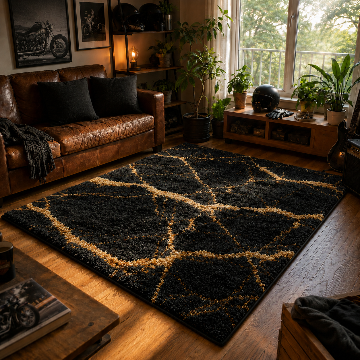 Midnight Geometric Faux Cashmere Area Rug TT02