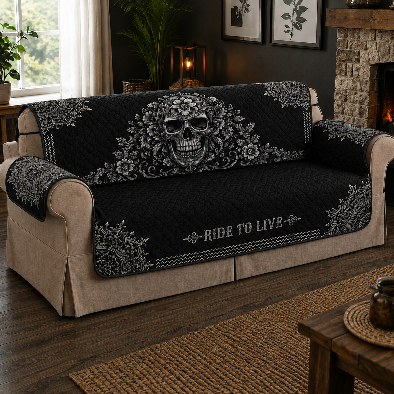 Floral Skull Quilted Seat Sofa  TT06