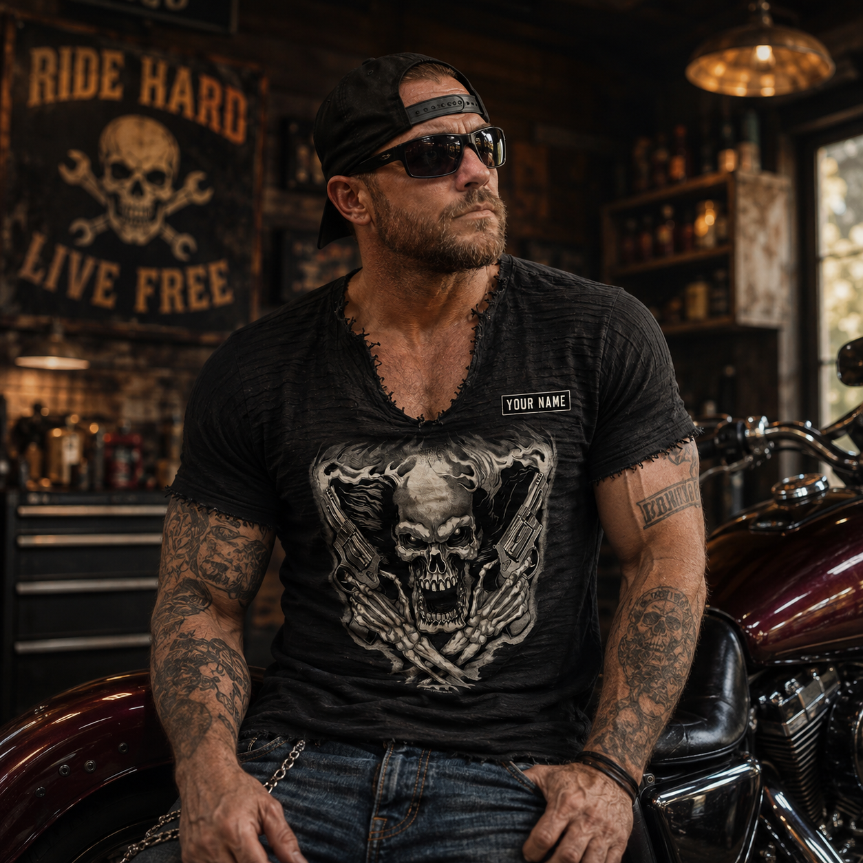 Skull Men’s Vintage Biker Frayed Tee ABGTT02