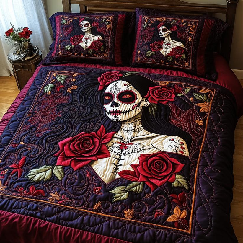 Skull And Blooms Quilted Bedding Set EM08