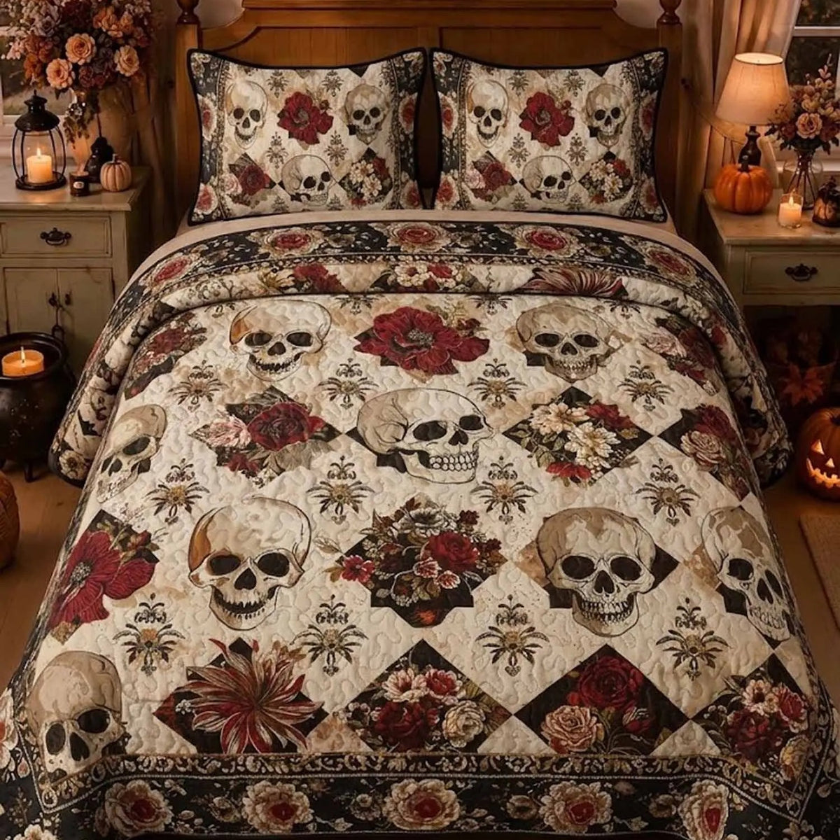 Romantic Skull & Dark Floral Quilted Bedding Set LD01
