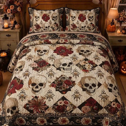 Romantic Skull & Dark Floral Quilted Bedding Set LD01