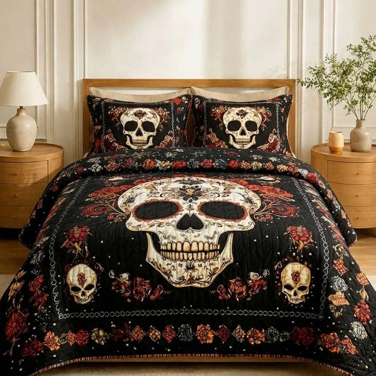 Vintage Floral Sugar Skull Quilted Bedding Set LD03