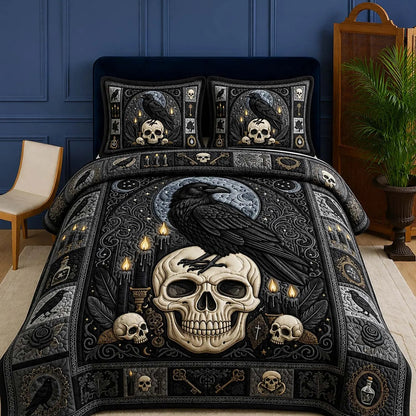 Dark Academia Raven & Skull Quilted Bedding Set LD04
