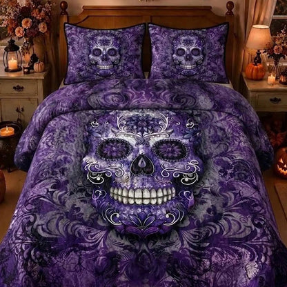 Purple Sugar Skull Print Quilted Bedding Set LD05