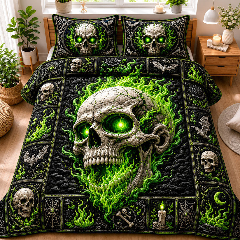 Green Flame Skull Quilted Bedding Set LD10