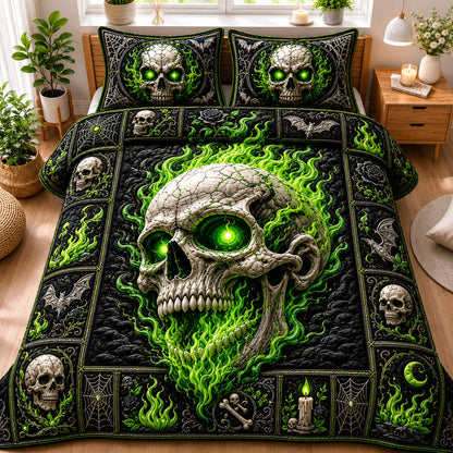 Green Flame Skull Quilted Bedding Set LD10