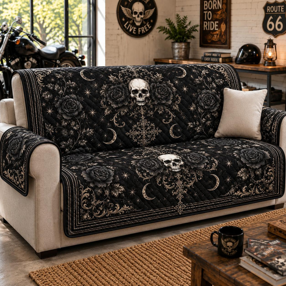 Gothic Skull & Black Rose Quilted Seat Sofa LD02