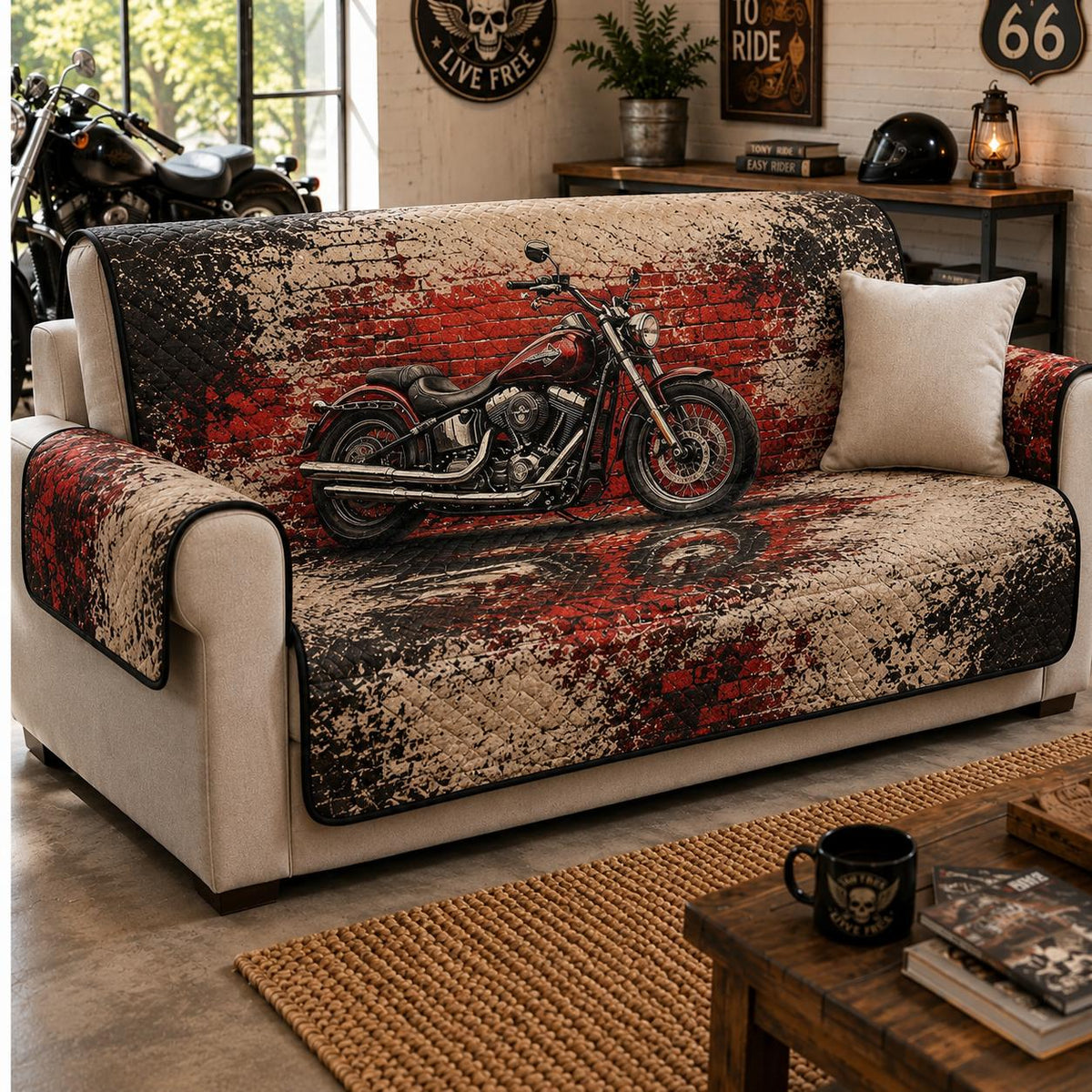 Rustic Red Brick & Motorcycle Print Quilted Seat Sofa LD03