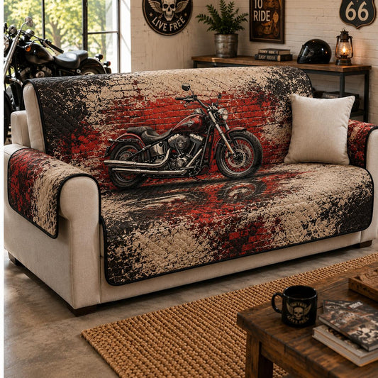 Rustic Red Brick & Motorcycle Print Quilted Seat Sofa LD03
