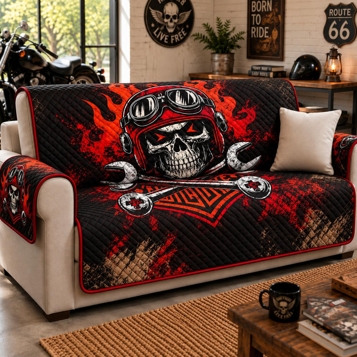 Ride Free Skull & Flame Quilted Seat Sofa LD04