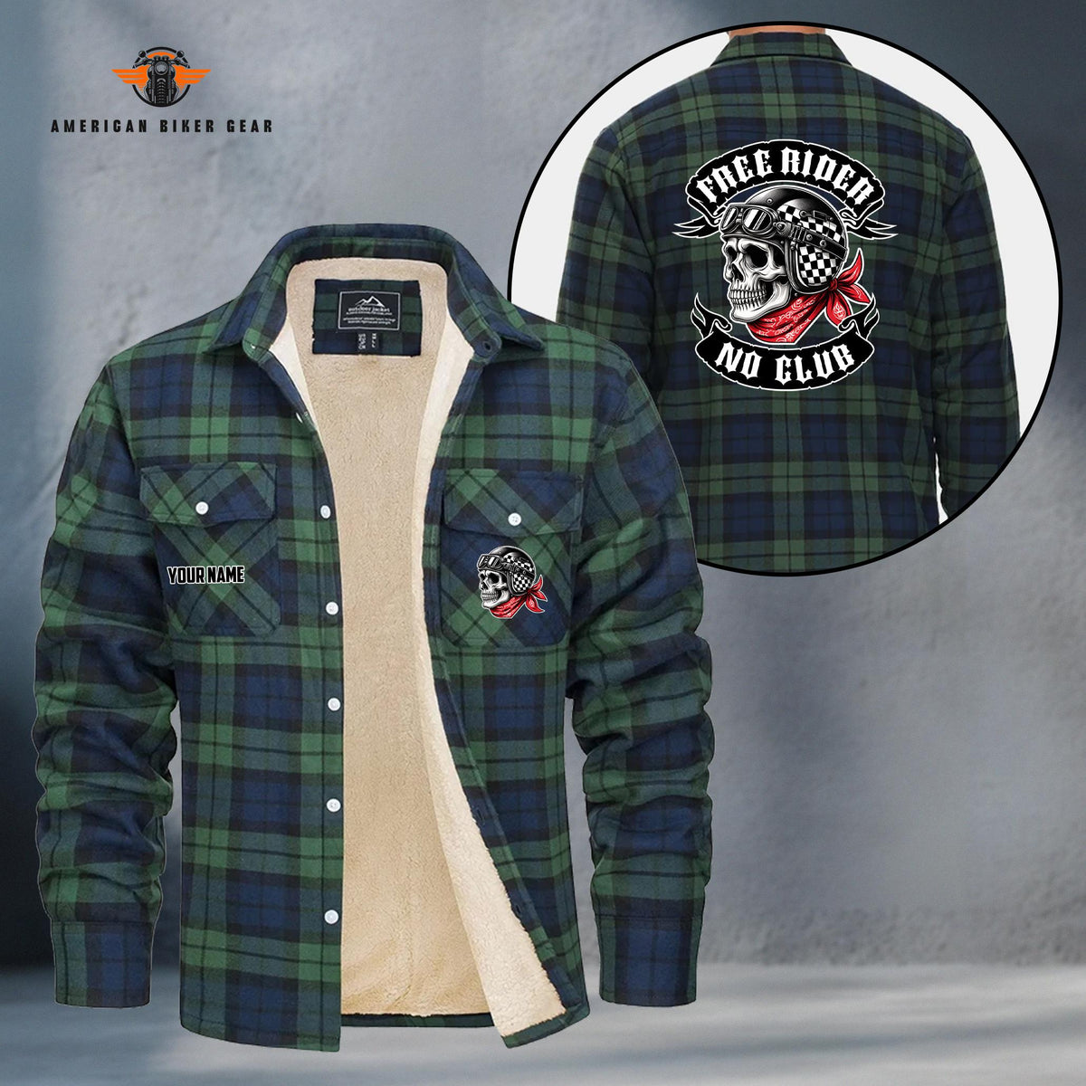 Free Rider No Club Skull Biker Personalized Fleece Flannel Plaid Jacket LV17