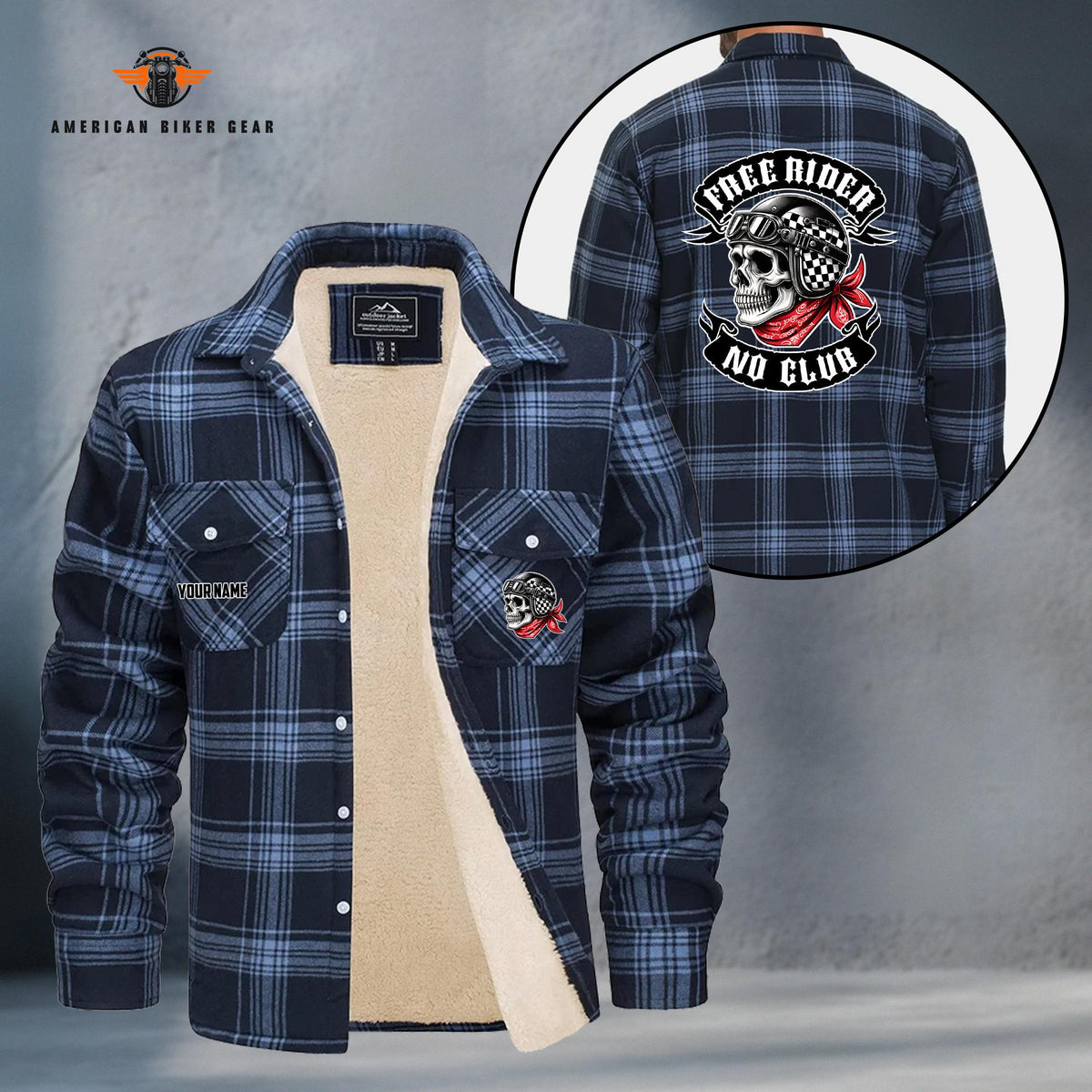 Free Rider No Club Skull Biker Personalized Fleece Flannel Plaid Jacket LV17