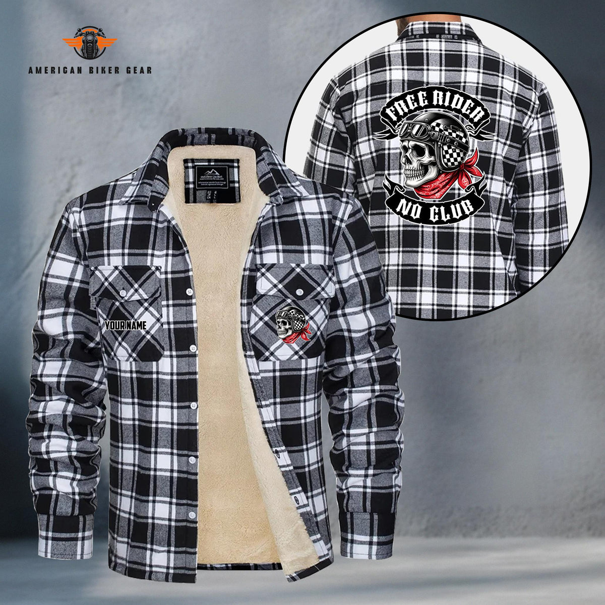 Free Rider No Club Skull Biker Personalized Fleece Flannel Plaid Jacket LV17