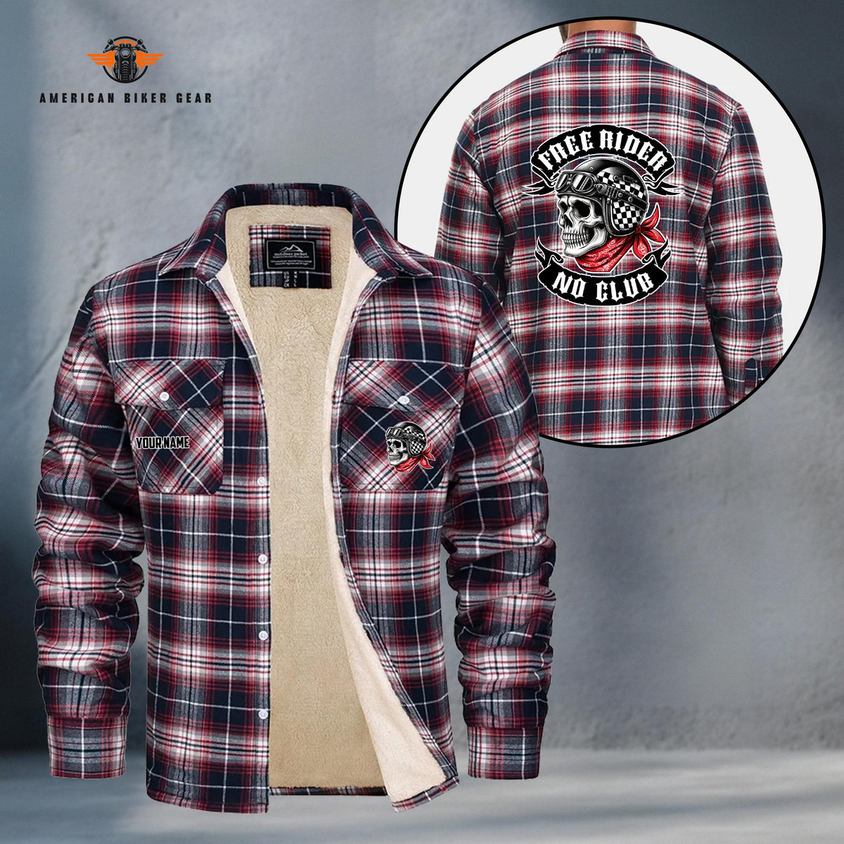 Free Rider No Club Skull Biker Personalized Fleece Flannel Plaid Jacket LV17