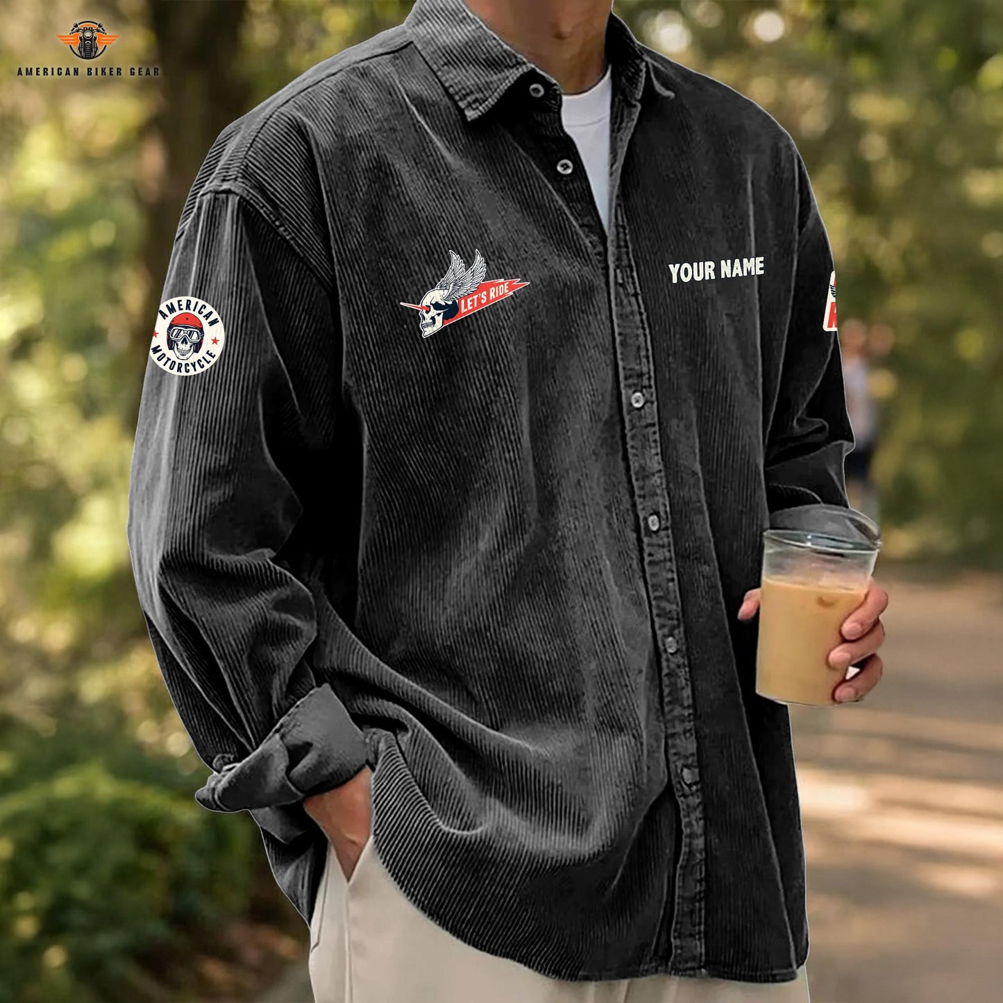 Biker Personalized Corduroy Shirt Button Long Sleeves LV09