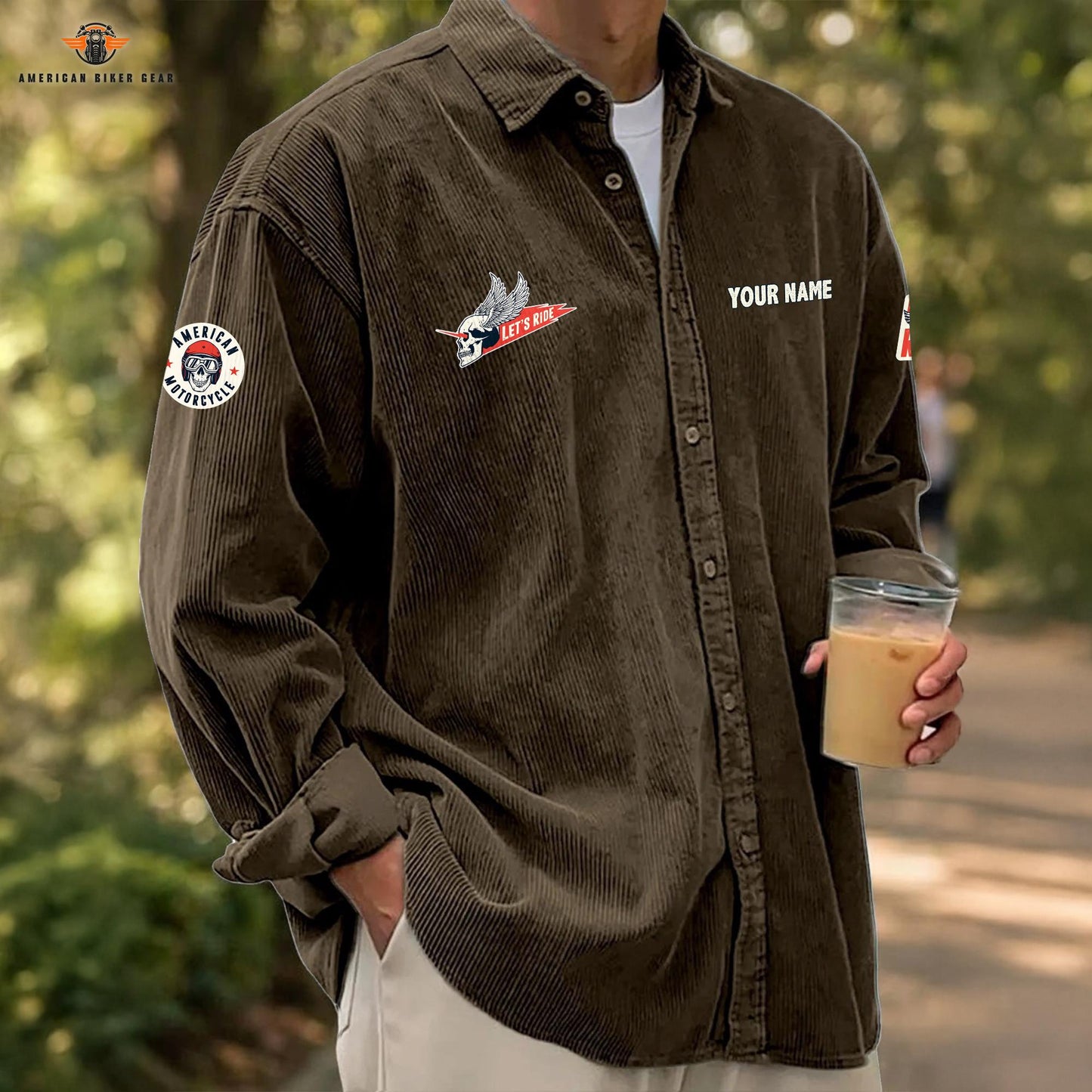 Biker Personalized Corduroy Shirt Button Long Sleeves LV09