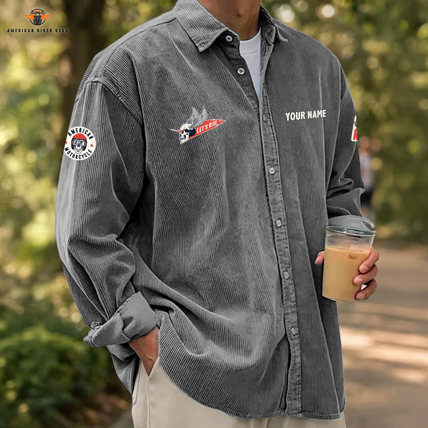 Biker Personalized Corduroy Shirt Button Long Sleeves LV09