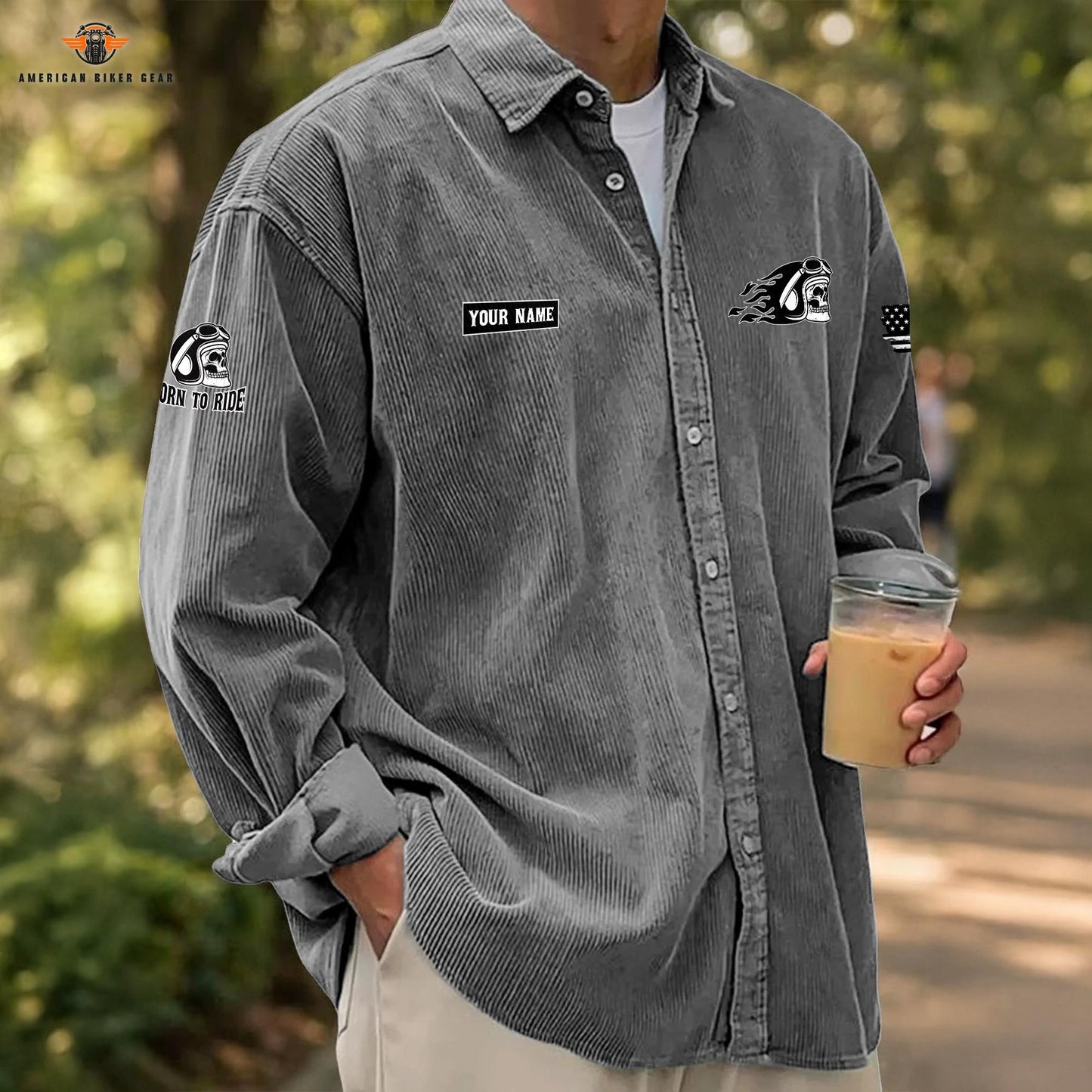 Biker Personalized Corduroy Shirt Button Long Sleeves LV10