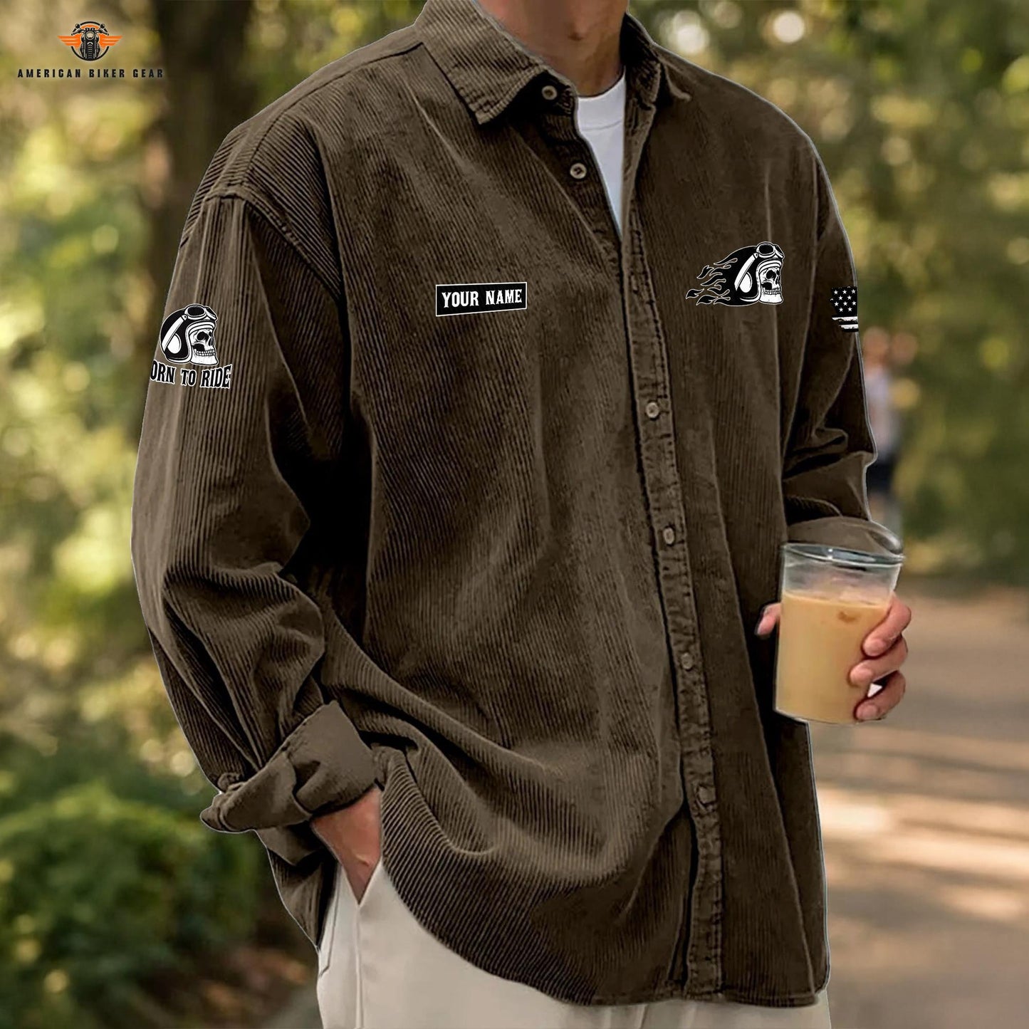 Biker Personalized Corduroy Shirt Button Long Sleeves LV10
