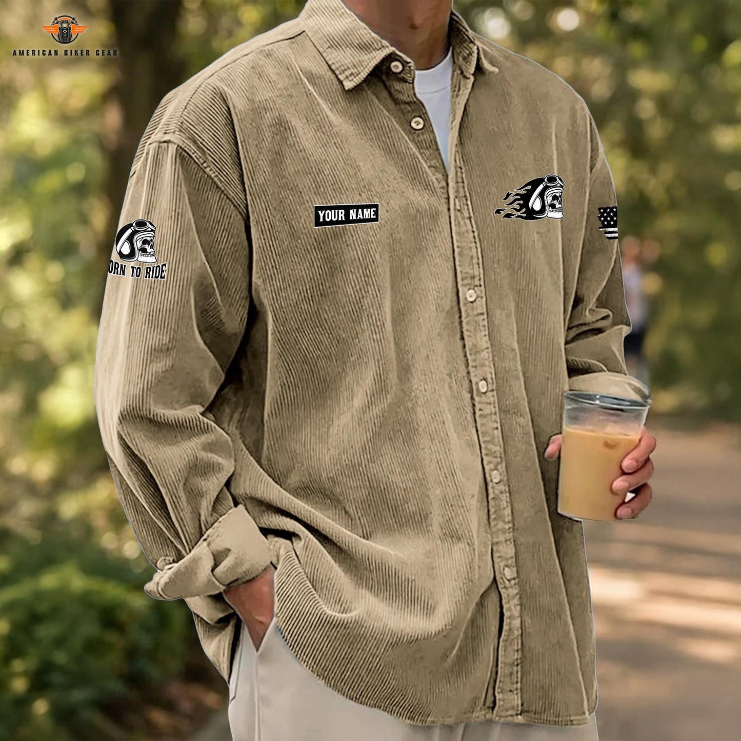 Biker Personalized Corduroy Shirt Button Long Sleeves LV10