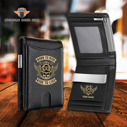 Biker Personalized Leather Money Clip Slim Wallet LV03