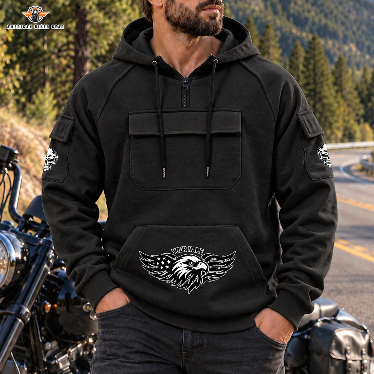 Tactical Eagle Personalized Men's Half Zip Hoodie with Arm Pockets Front LV06