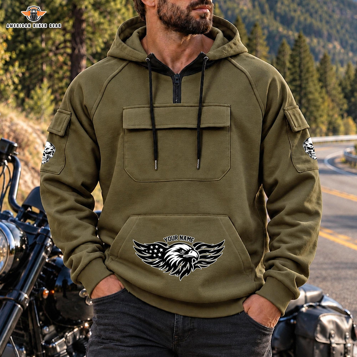 Tactical Eagle Personalized Men's Half Zip Hoodie with Arm Pockets Front LV06