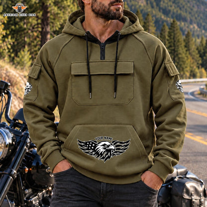 Tactical Eagle Personalized Men's Half Zip Hoodie with Arm Pockets Front LV06