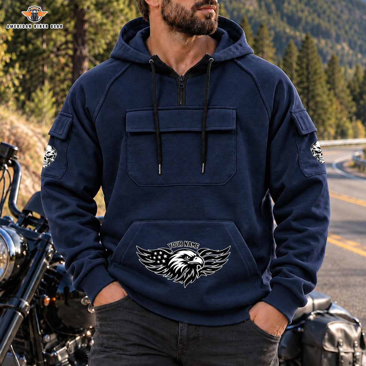 Tactical Eagle Personalized Men's Half Zip Hoodie with Arm Pockets Front LV06