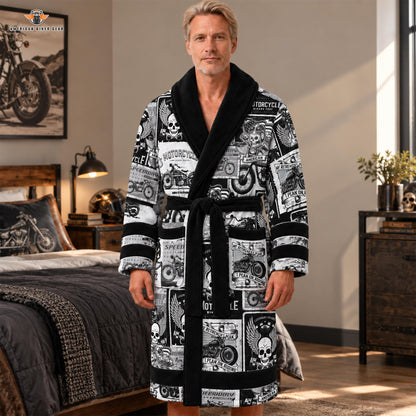 Skull & Vintage Motorcycle Print Bathrobes LV05