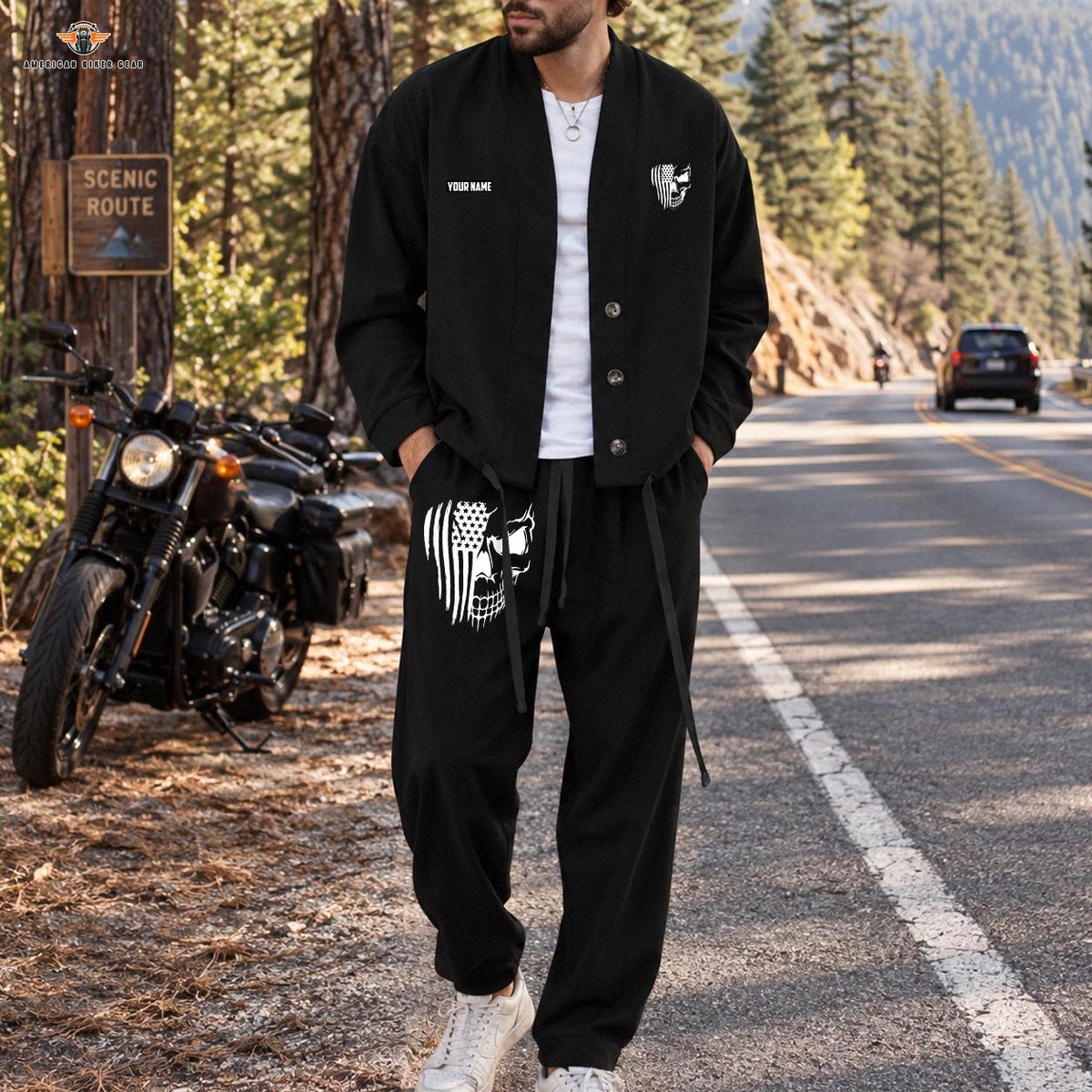 American Flag Skull Biker Personalized Combo Men's Cardigan Jacketsand Solid Jogger LV04
