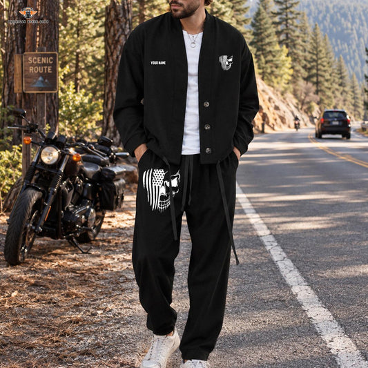 American Flag Skull Biker Personalized Combo Men's Cardigan Jacketsand Solid Jogger LV04