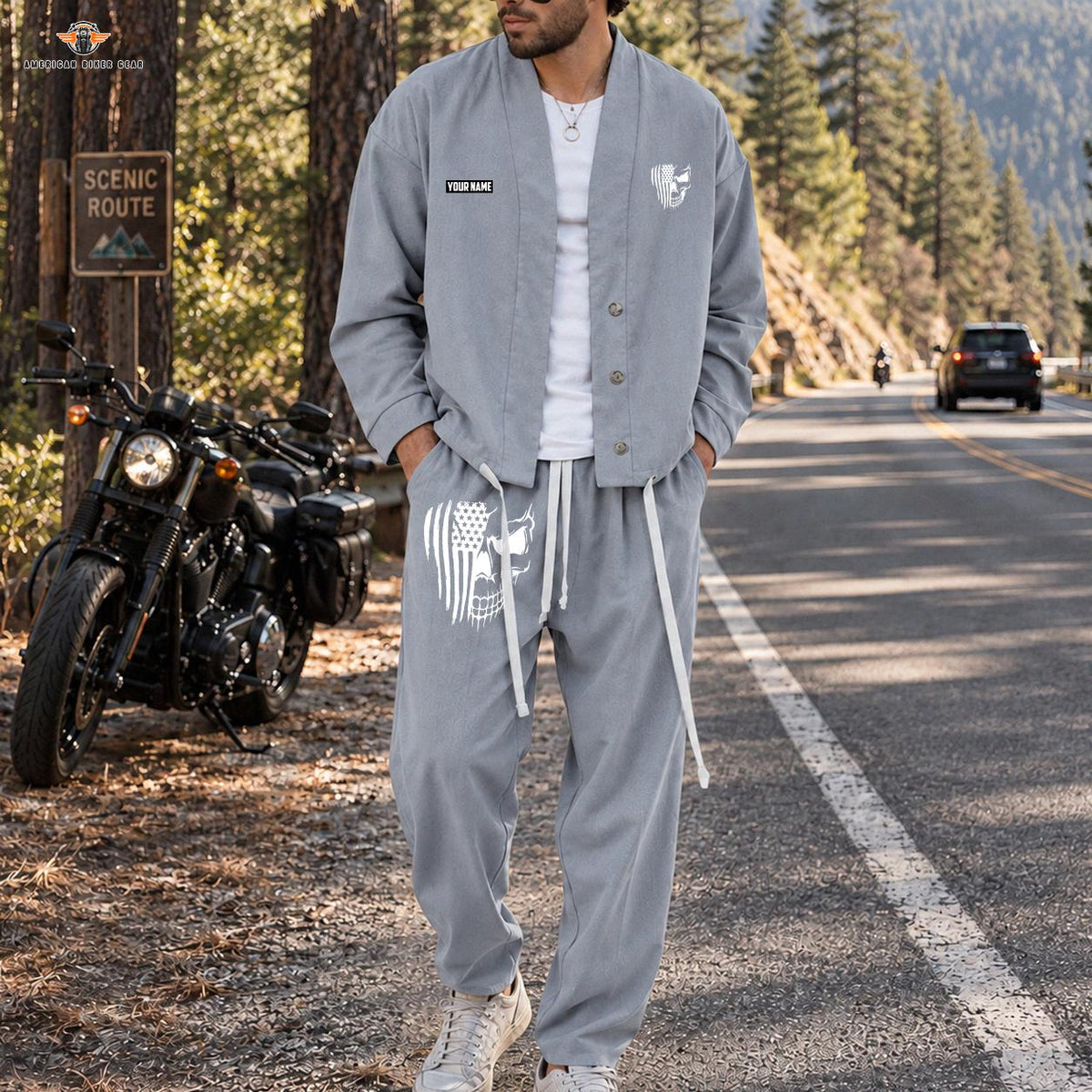American Flag Skull Biker Personalized Combo Men's Cardigan Jacketsand Solid Jogger LV04