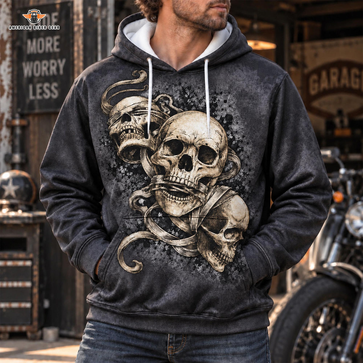 Vintage Three Skulls Biker Heavy Blend Hooded Sweatshirt LV03