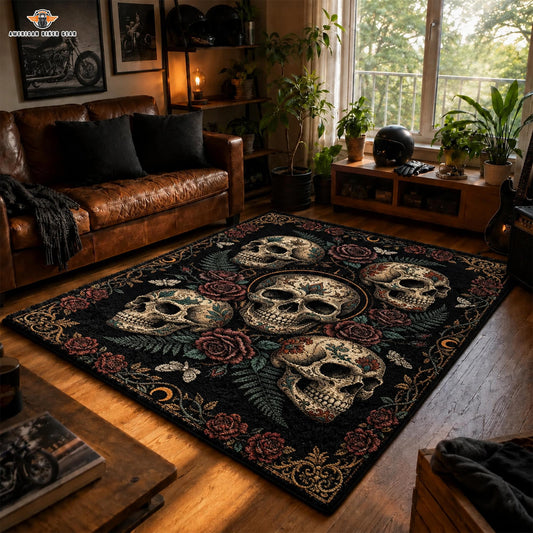 Gothic Skull & Roses Faux Cashmere Area Rug LV03