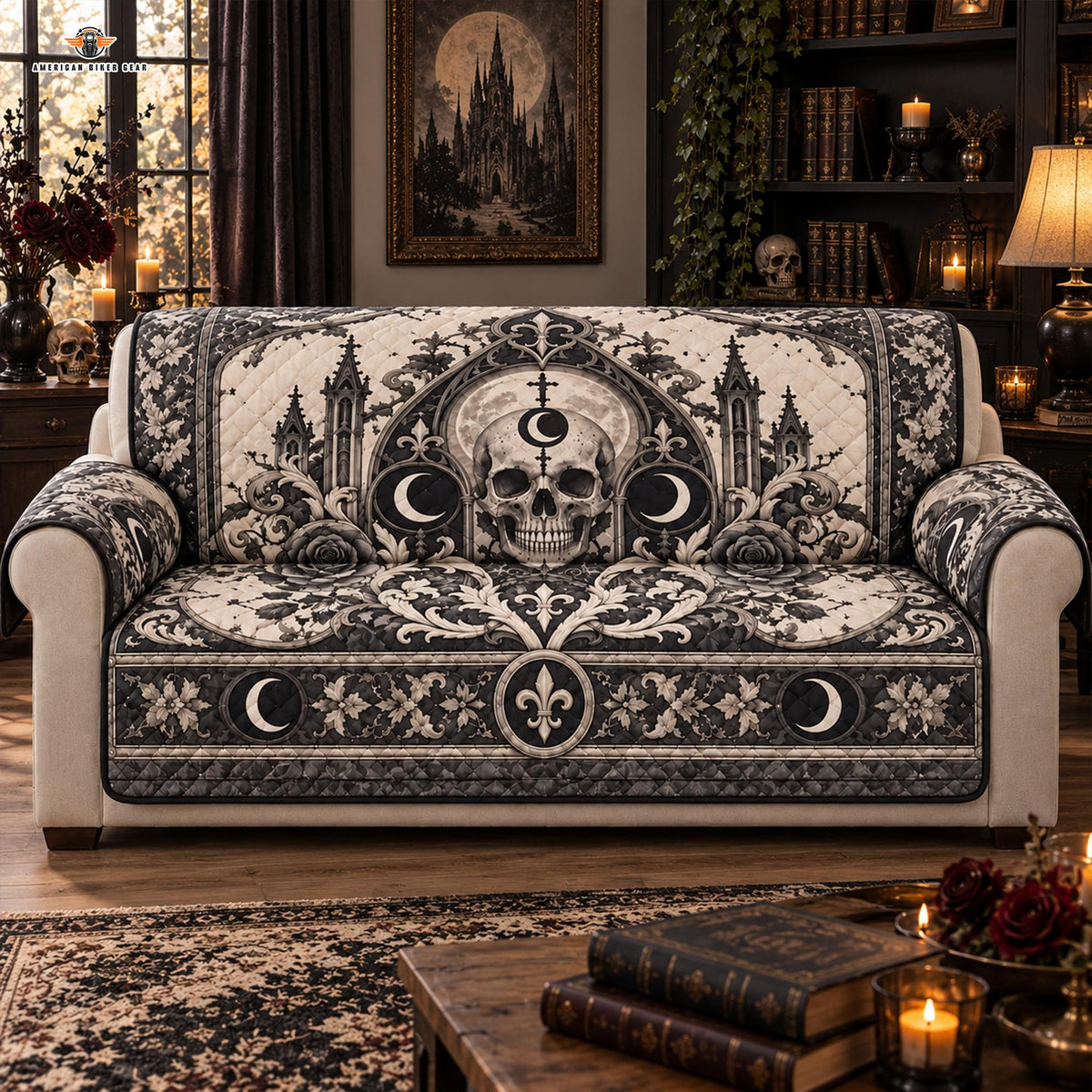 Gothic Skull & Crescent Moon Quilted Seat Sofa LV12