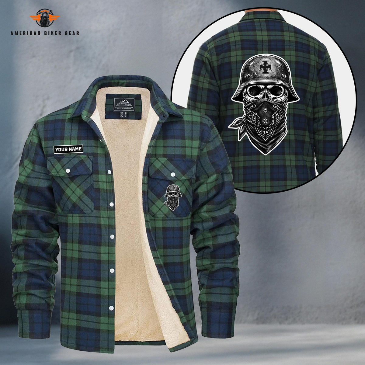 German Helmet Skull Personalized Fleece Flannel Plaid Jacket TG22