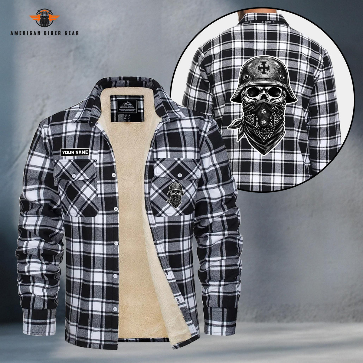 German Helmet Skull Personalized Fleece Flannel Plaid Jacket TG22