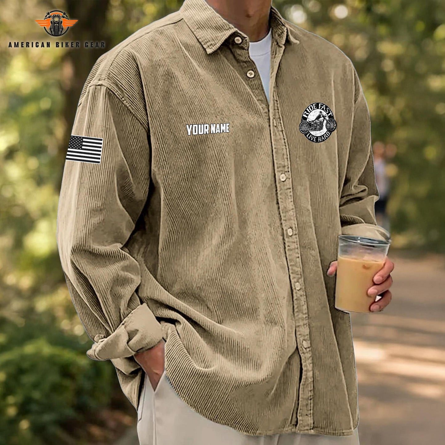 Biker Personalized Corduroy Shirt Button Long Sleeves TG06