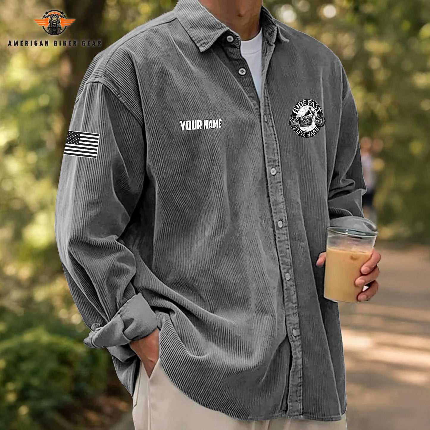 Biker Personalized Corduroy Shirt Button Long Sleeves TG06