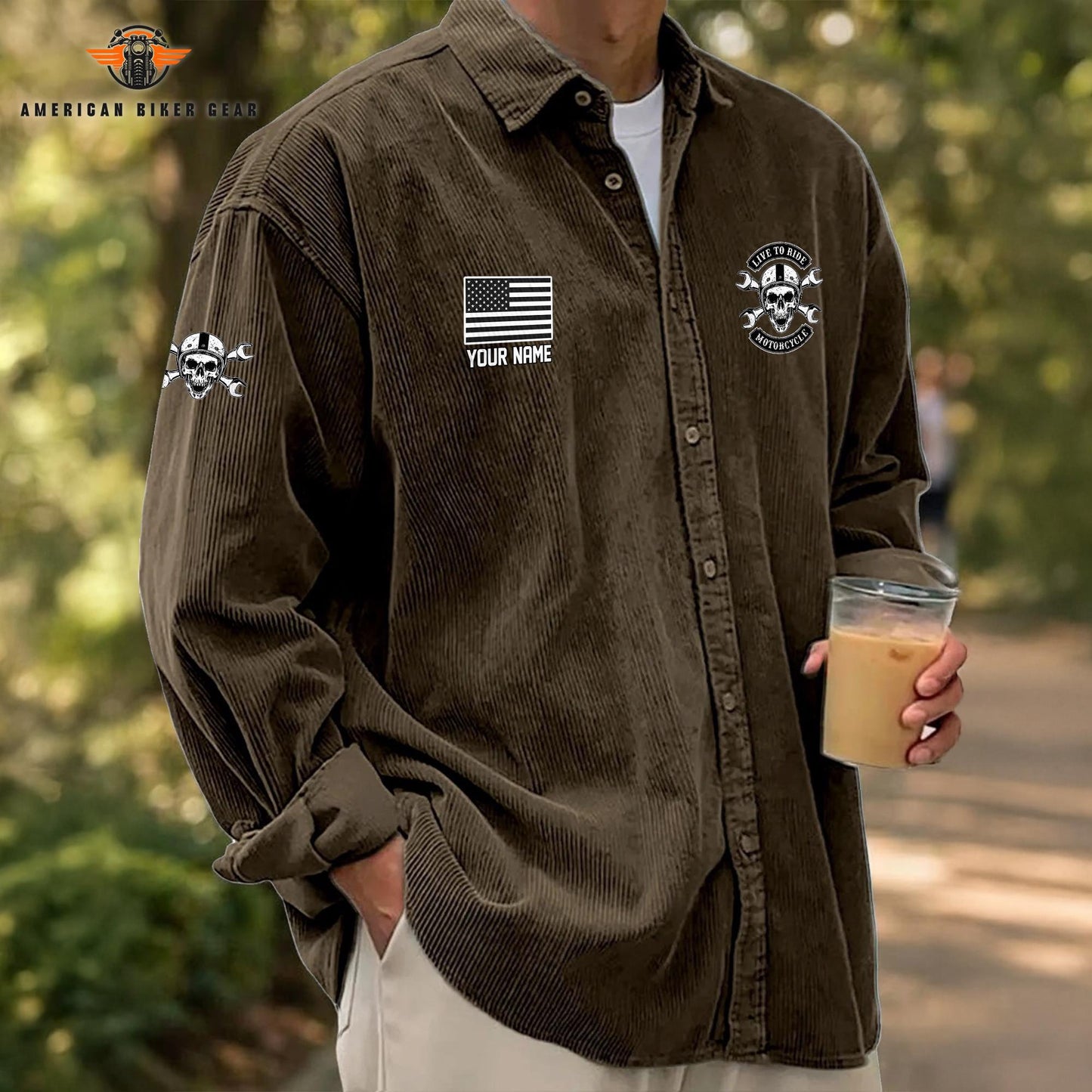 Biker Personalized Corduroy Shirt Button Long Sleeves TG07