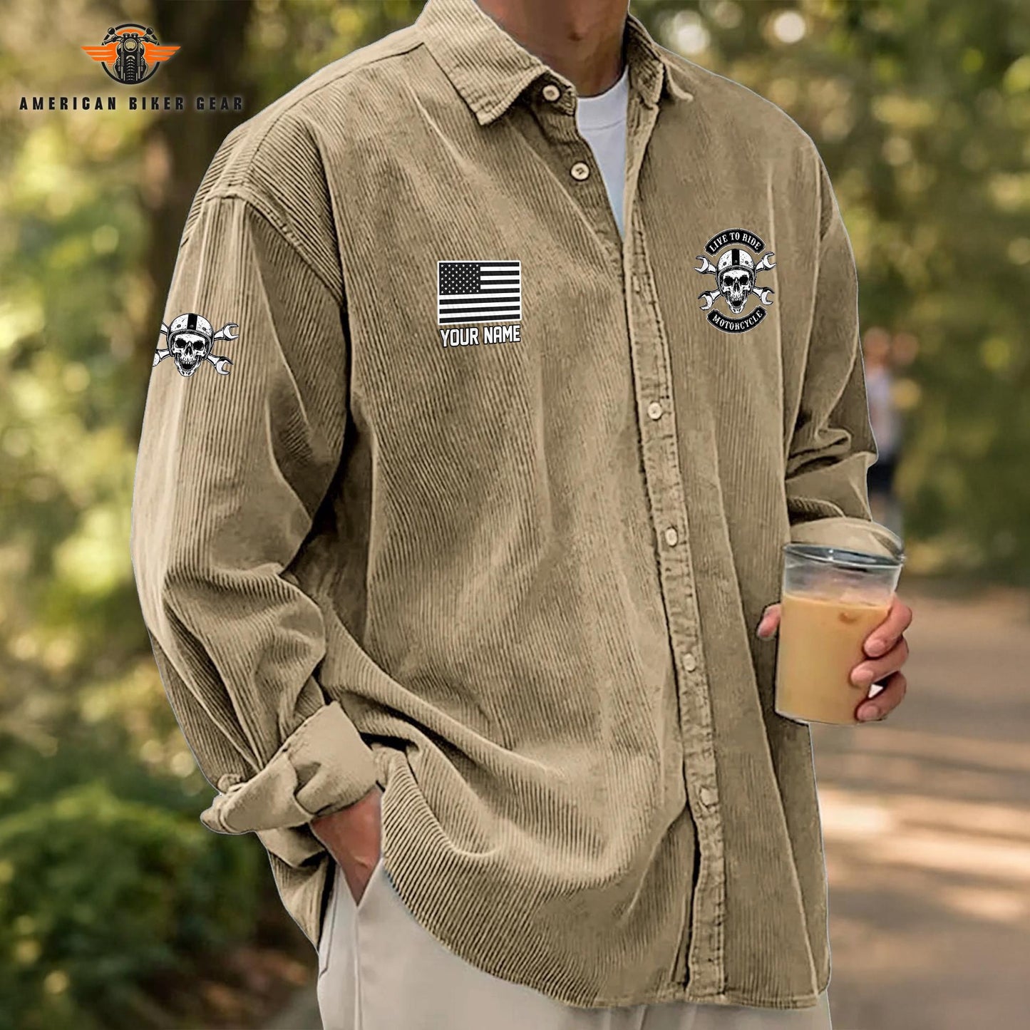Biker Personalized Corduroy Shirt Button Long Sleeves TG07