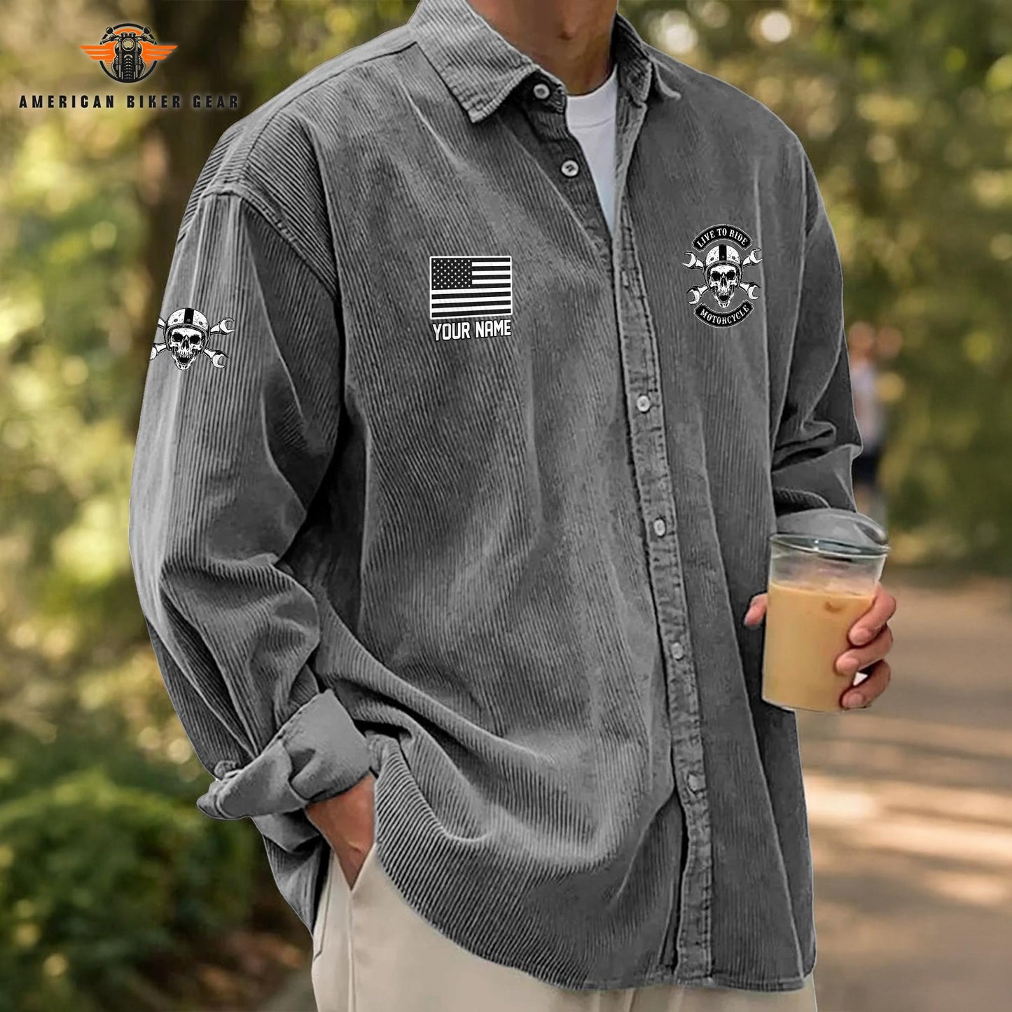 Biker Personalized Corduroy Shirt Button Long Sleeves TG07