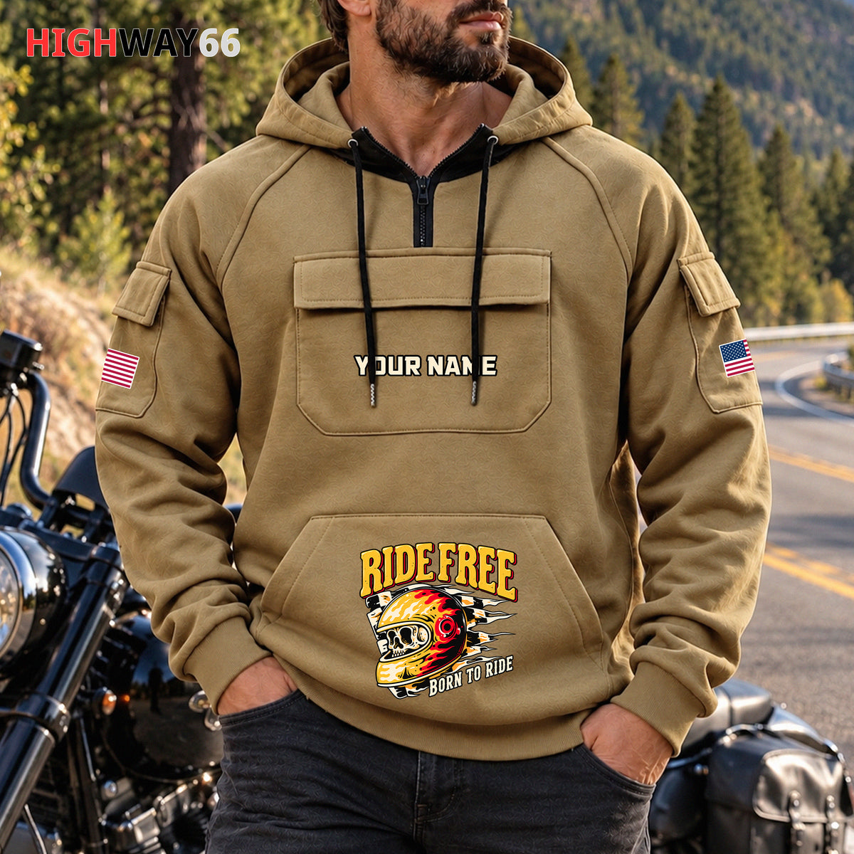 Ride Free Motorcycle Personalized Men's Half Zip Hoodie with Arm Pockets Front TG03